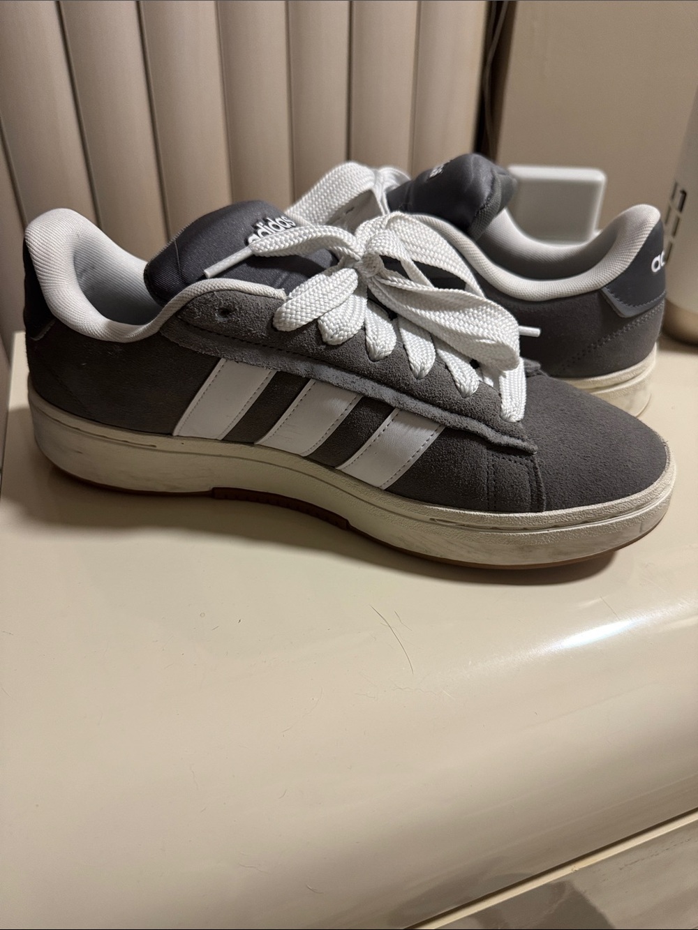 adidas Men’s Gray Suede Sneakers with White Stripes